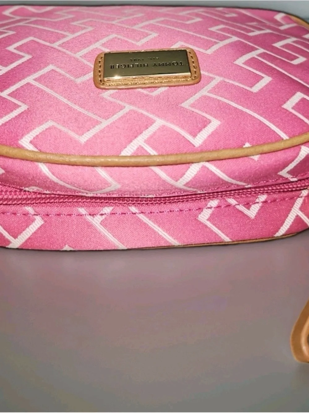 Tommy Hilfiger Pink Monogram Crossbody with Tan Trim
